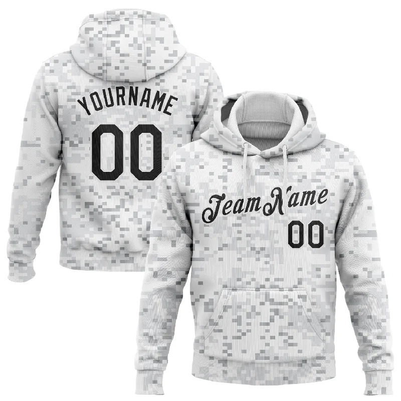 Women's Knot Front Hoodies-Custom Stitched Camo Black-White 3D Arctic Camouflage Sports Pullover Sweatshirt Salute To Service Hoodie