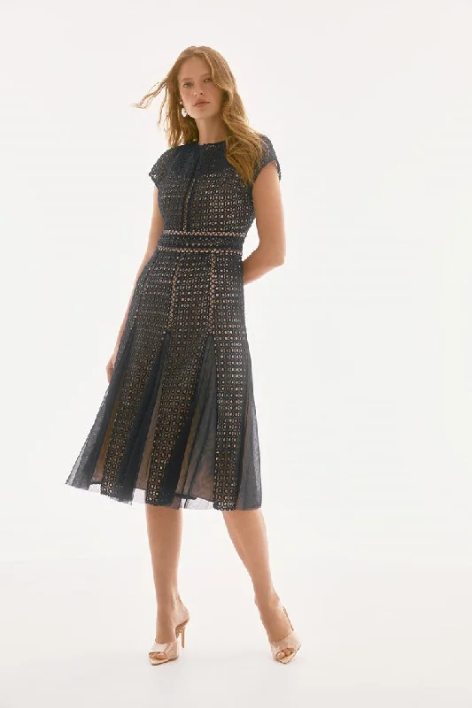 Joseph Ribkoff Navy/Nude Signature | Guipure And Mesh Fit And Flare Dress