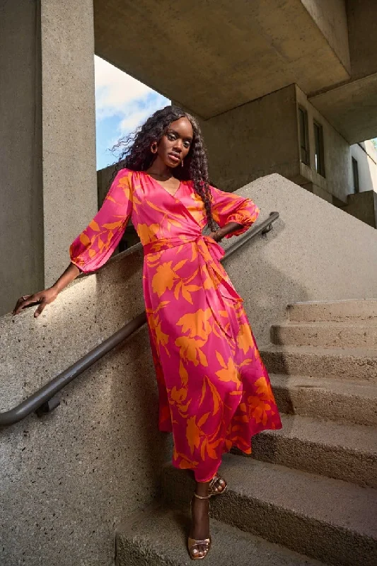 Joseph Ribkoff Pink/Orange Satin Floral Print Wrap Dress