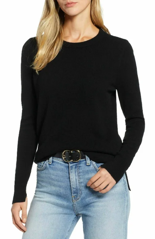 Women's Shimmer Pencil Pullovers-Crewneck Cashmere Petite Lightweight Side Slits Sweater In Black