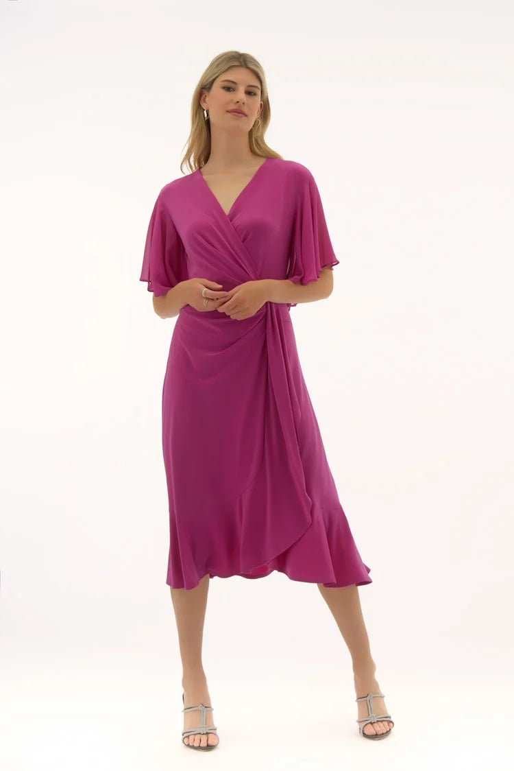 Joseph Ribkoff Purple Orchid Signature | Silky Knit And Chiffon Flowy Wrap Dress