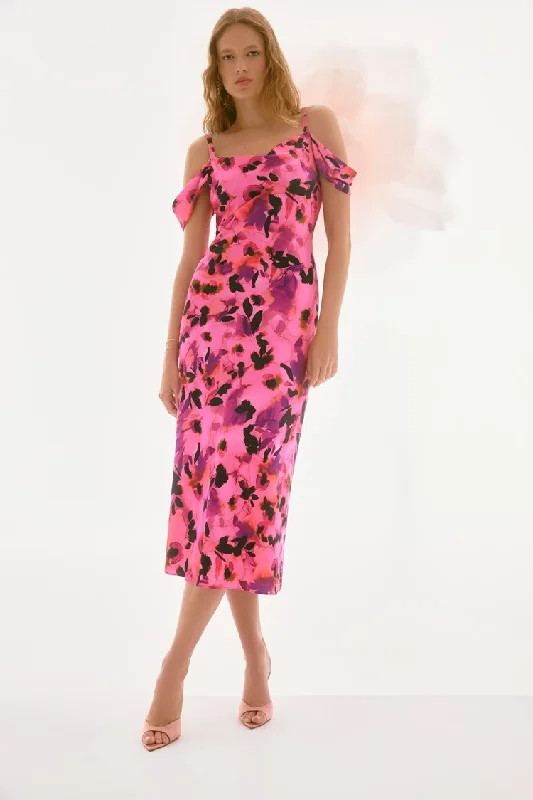 Joseph Ribkoff Black/Multi Signature | Satin Floral Sheath Dress with Cold Shoulder