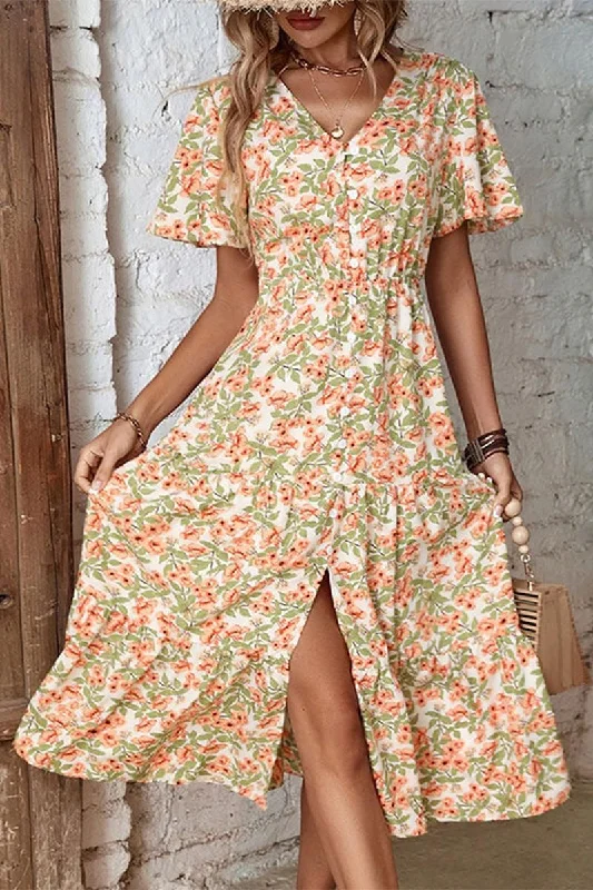 WOMEN FLORAL BUTTON DOWN CAPE SLEEVE V NECK DRESS