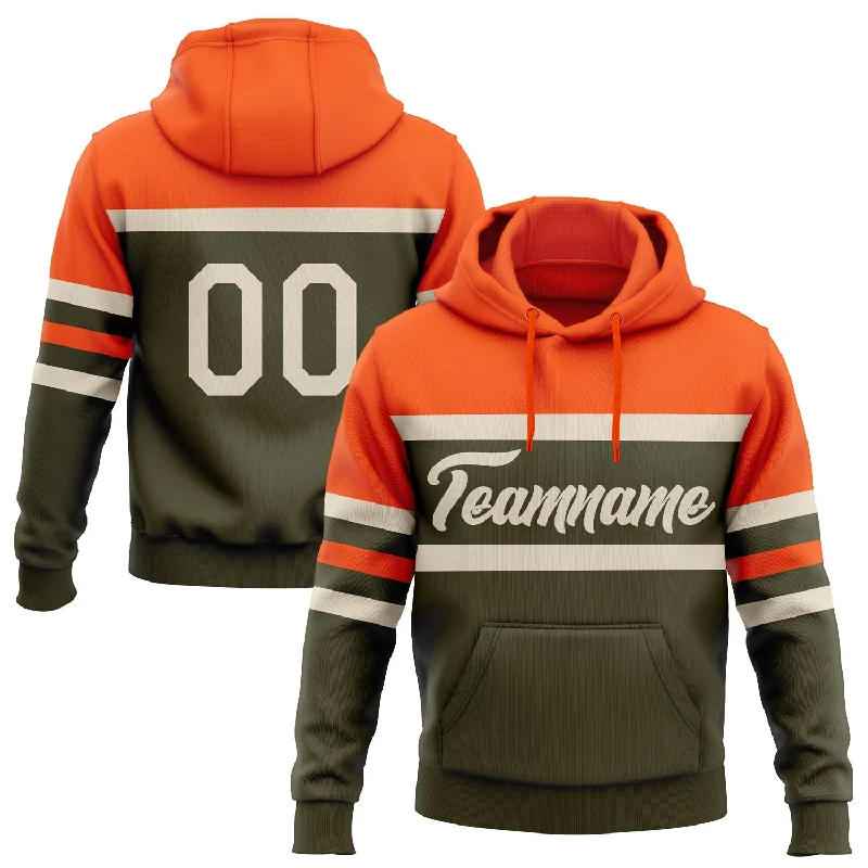 Women's Puff Sleeve Hoodies-Custom Stitched Olive Cream-Orange Line Sports Pullover Sweatshirt Salute To Service Hoodie