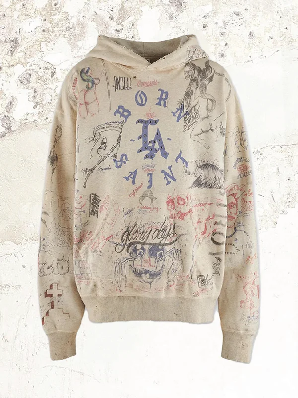 Women's Low-Waisted Denim Pullovers-Saint Michael Distressed Graphic-print Hooded sweater