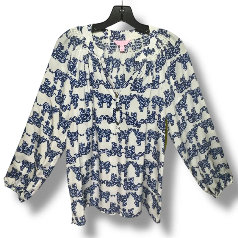 Top Long Sleeve Designer By Lilly Pulitzer In Blue & White, Size: M