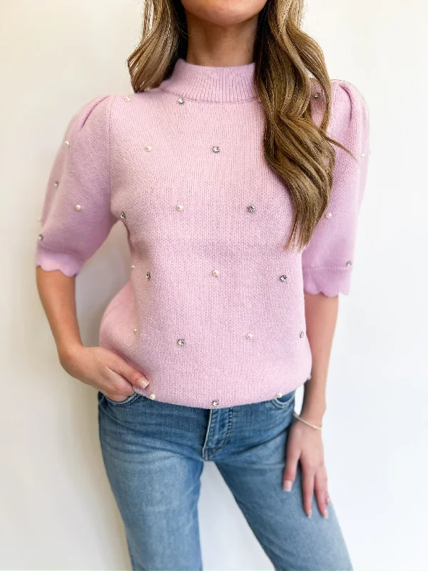 Women's Insulated Denim Pullovers-Lilac Scallop Embellished Knit Sweater