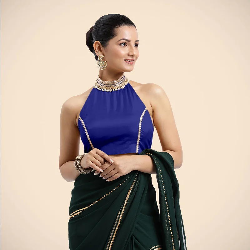 Laila x Tyohaar | Cobalt Blue Halterneck FlexiFit™ Saree Blouse with Heavy Golden Gota and Pearl Embellishments