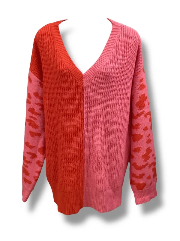 Women's Zip-Up Denim Pullovers-Sweater By Ashley Stewart In Pink & Red, Size: 1x