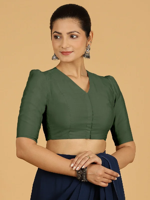 Shravani x Rozaana | Puff Sleeves Saree Blouse in Pine Green