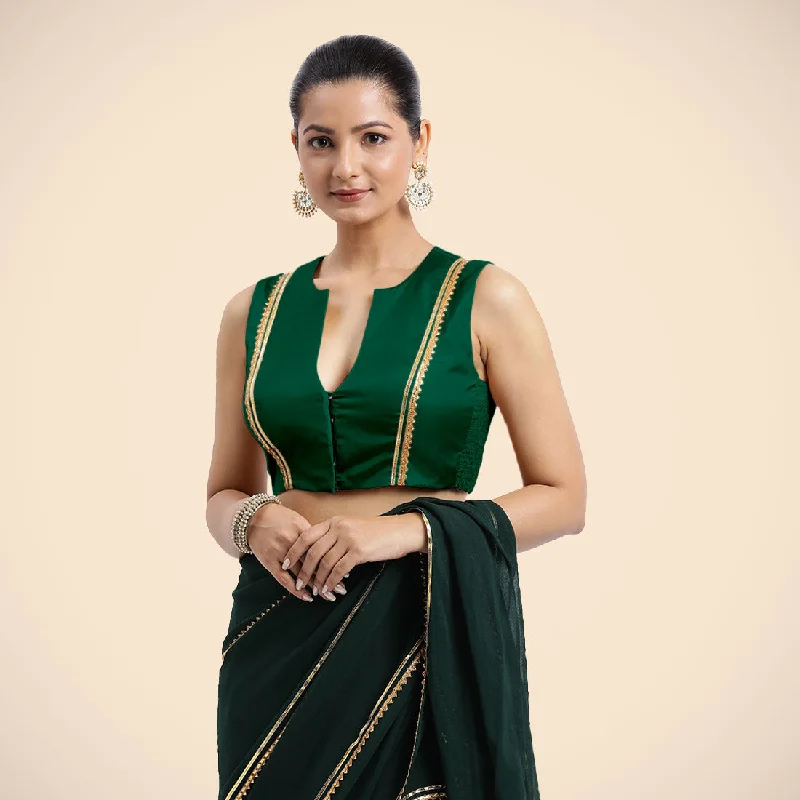 Veena x Tyohaar | Bottle Green Sleeveless FlexiFit™ Saree Blouse with Front Open Closed Neckline with Slit and Golden Gota Lace