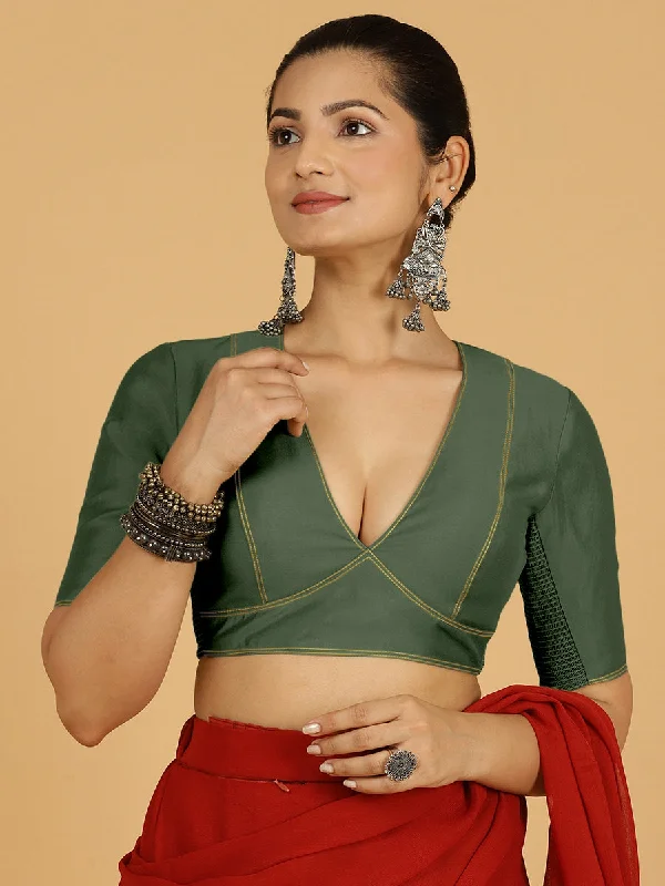 Erum x Rozaana | Elbow Sleeves Saree Blouse in Pine Green