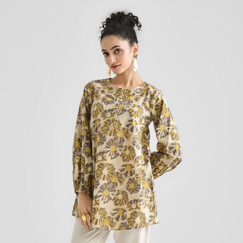 Women's Animal Print Pullovers-Mango Yellow Contemporary Dabu Printed Cotton Tunic with Elastic Sleeve Detail