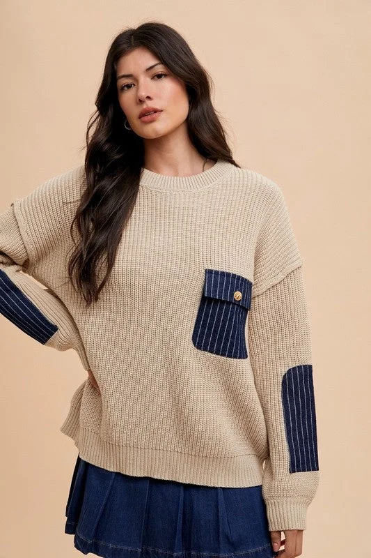 Women's Formal Pullovers-Annie Wear Contrast Round Neck Drop Shoulder Sweater with Patch Pocket