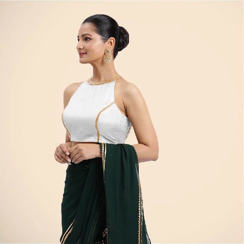 Zubeida x Tyohaar | Pearl White Halterneck FlexiFit™ Saree Blouse with Elegant Golden Gota Embellishment on Princess Line