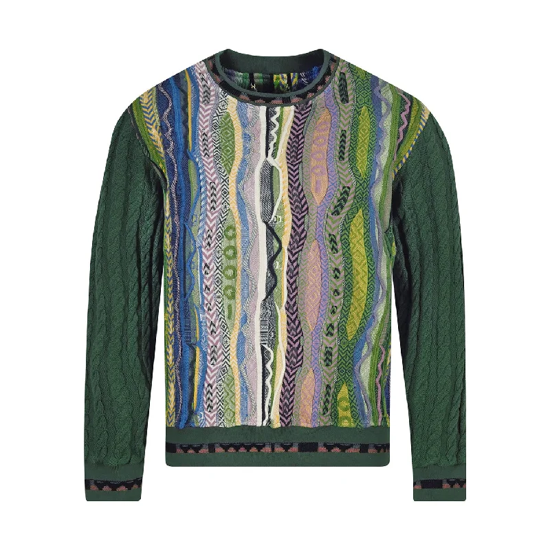 Women's Ribbed Denim Pullovers-New - COOGI Cable Knit Crewneck Sweater - Green