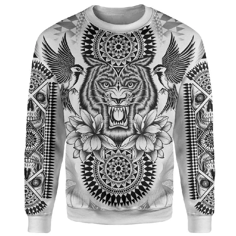 Women's Zip-Up Denim Pullovers-Tribal Tiger Sweater