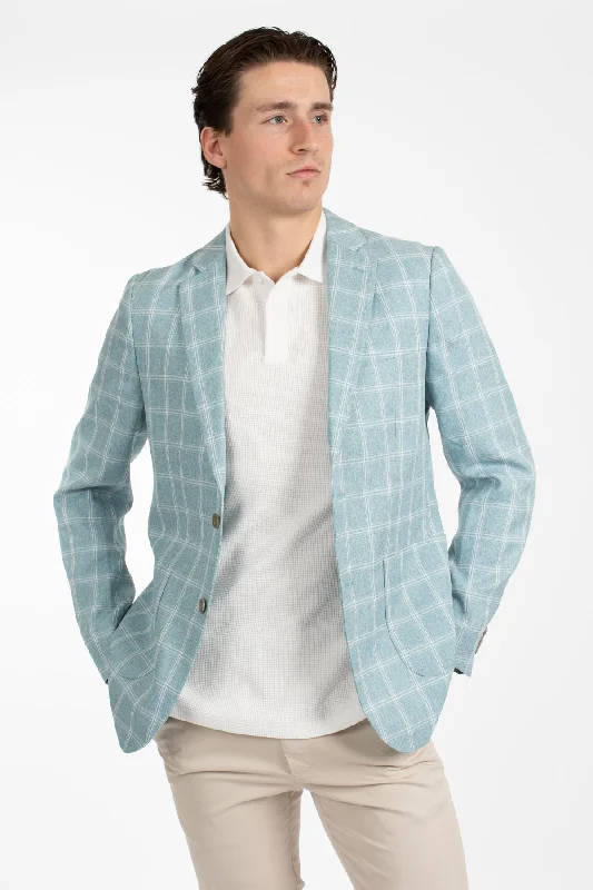 Women's City Blazers-Teal Check Patch Pocket Blazer