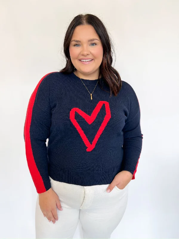 Women's Lace A-Line Pullovers-Navy Striped Heart Lottie Sweater