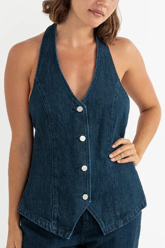 Women's Fleece Pencil Pullovers-Hunter Halter Vest Indigo