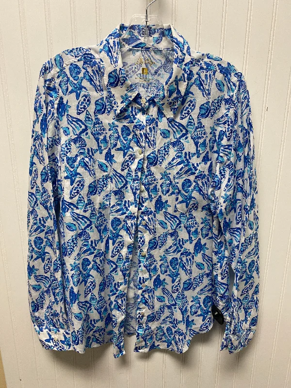 Top Long Sleeve Designer By Lilly Pulitzer In Blue & White, Size: L