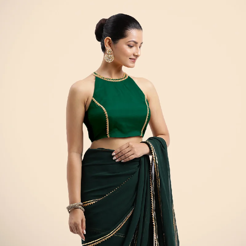 Zubeida x Tyohaar | Bottle Green Halterneck FlexiFit™ Saree Blouse with Elegant Golden Gota Embellishment on Princess Line