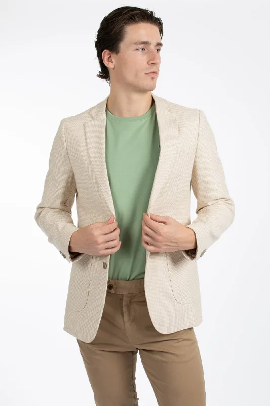 Women's Cocktail Blazers-Natural Check Patch Pocket Linen Blazer