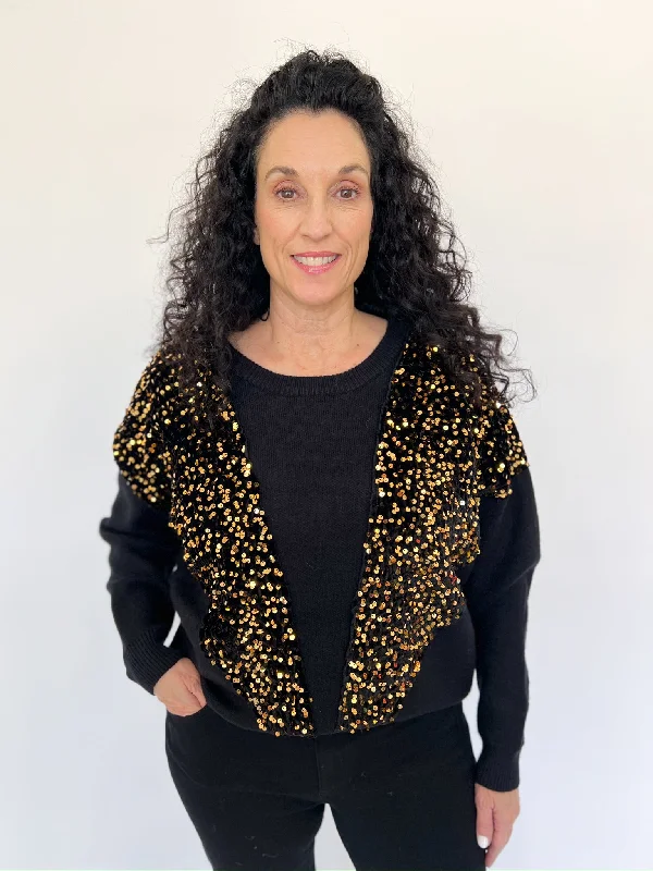 Women's Insulated Pullovers-Black Gold Sequined Sweater