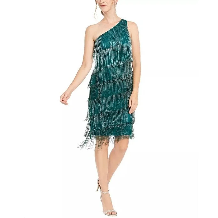 Women's Casual Solid Color Dresses-Adrianna Papell Women's Beaded Fringe Dress Dark Green Size 2