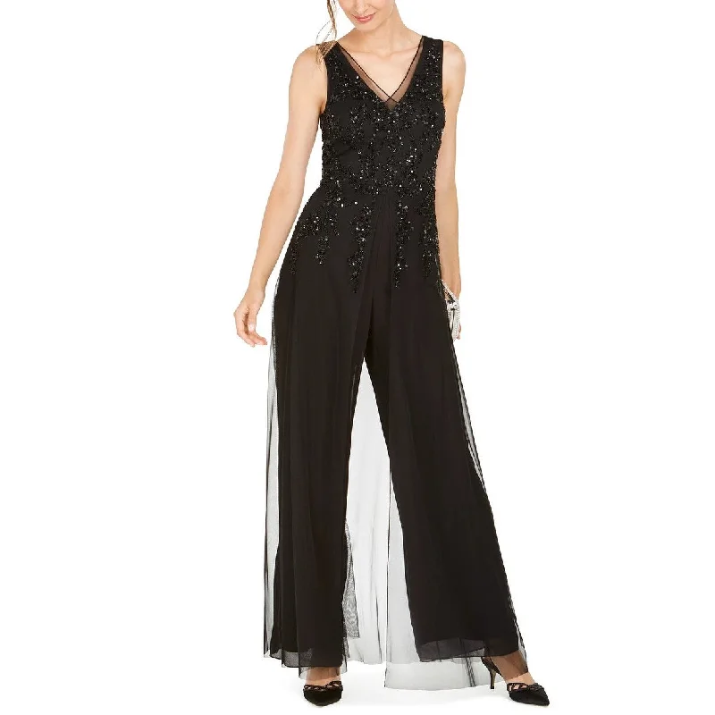 Women's Casual Mini Sundresses-Adrianna Papell Women's Embellished Wide Leg Jumpsuit Black Size 10 Petite - 10 Petite