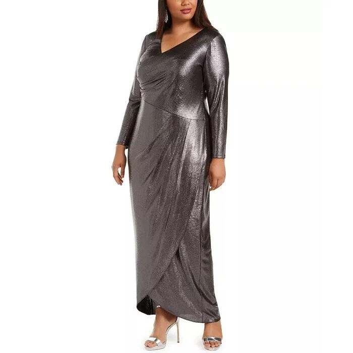 Women's Casual Beach Solid Color Dresses-Adrianna Papell Women's Plus Size Foiled Jersey Wrap Dress Charcoal Size 20