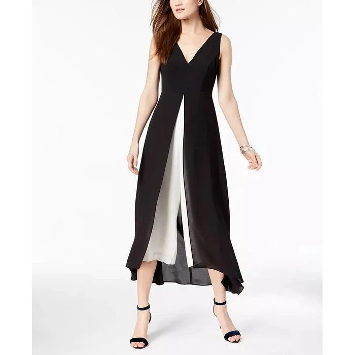 Women's Casual Tunic Dresses-Adrianna Papell Women's Two-Tone Jumpsuit Black White Size 4