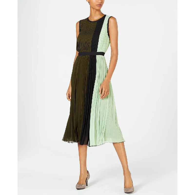 Women's Casual Maxi Dresses-Alfani Women's Colorblocked Pleated Sleeveless Dress Dark Green Size 18