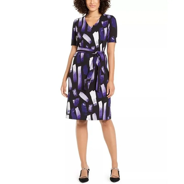 Women's Casual Ruffle Sleeve Dresses-Alfani Women's Printed Tie Waist Dress Purple Size Petite Medium - Petite Medium