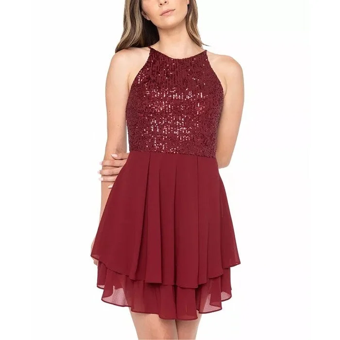 Women's Casual Lounge Solid Color Dresses-B Darlin Junior's Sequinned Halter A Line Dress Red Size 9