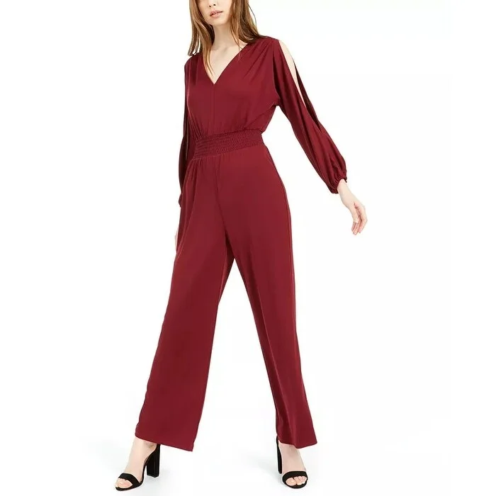 Women's Casual Swing Floral Dresses-Bar III Women's Slit-Sleeve V-Back Jumpsuit Dark Red Size Large