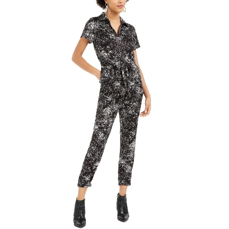 Women's Casual Swing Solid Color Dresses-Bar III Women's Splatter Print Utility Jumpsuit Black Size Medium