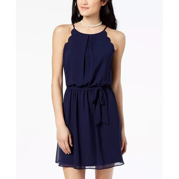 Women's Casual Beach Dresses-Bcx Junior's Scalloped Sleeveless Dress With Sash Belt Navy Size X-Small