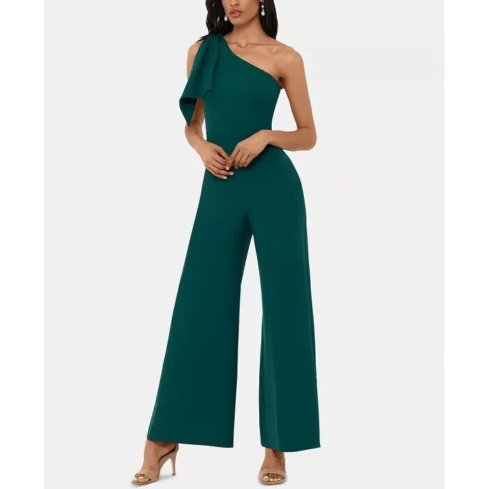 Women's Casual Bohemian Dresses-Betsy & Adam Women's One Shoulder Bow Jumpsuit Green Size 8