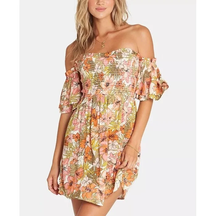 Women's Casual Tank Floral Dresses-Billabong Juniors' Dancing Sun Smocked Off-The-Shoulder Dress Brown Size Small