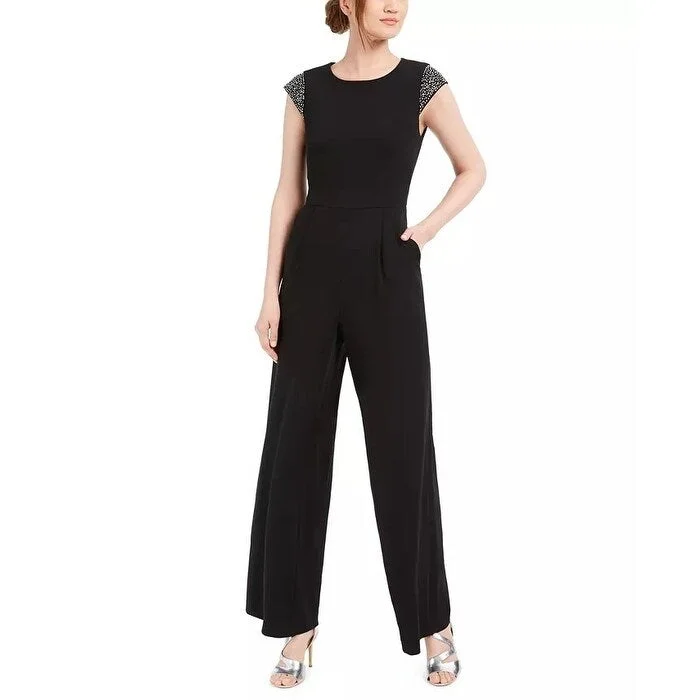 Women's Casual Shirt Solid Color Dresses-Calvin Klein Women's Beaded-Shoulder Jumpsuit Black Size 4