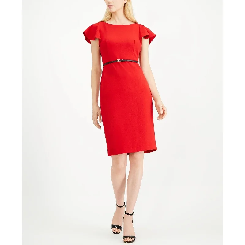 Women's Casual Bishop Sleeve Dresses-Calvin Klein Women's Belted Ruffle Sleeve Sheath Dress Red Size 12