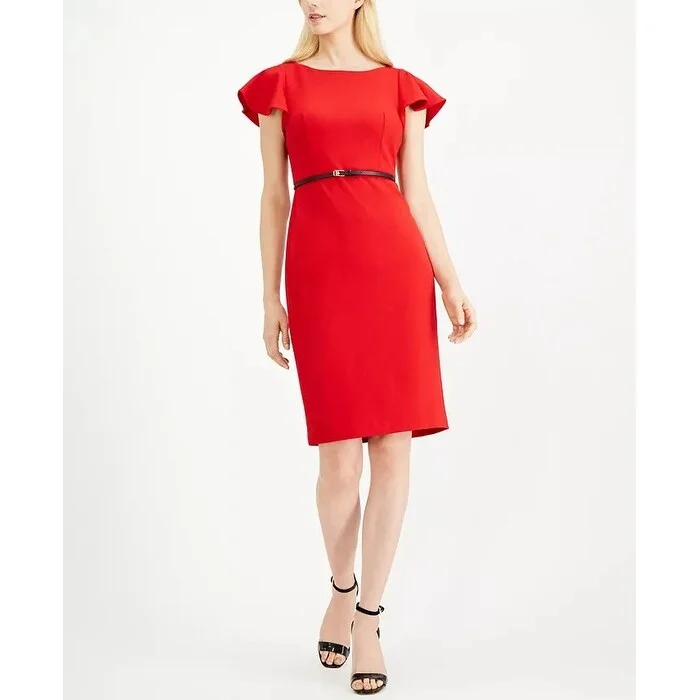 Women's Casual Weekend Solid Color Dresses-Calvin Klein Women's Belted Ruffle Sleeve Sheath Dress Red Size 14