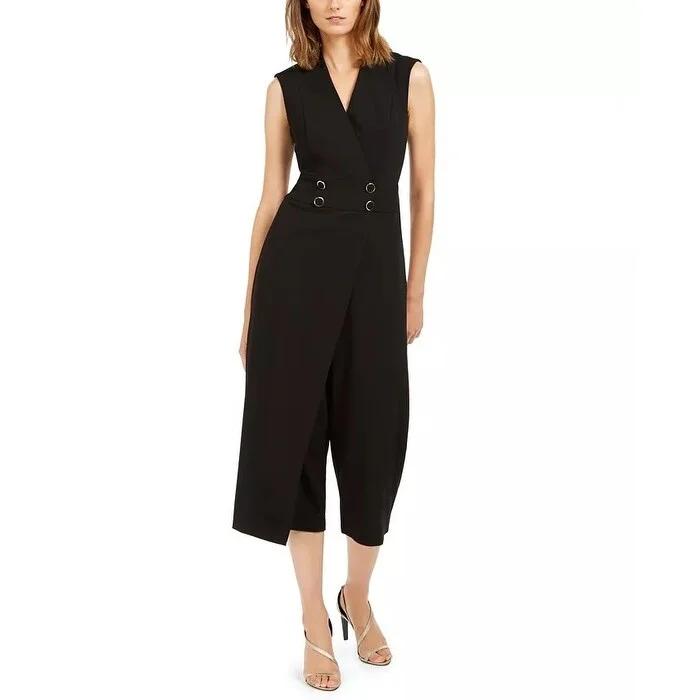 Women's Casual Lounge Dresses-Calvin Klein Women's Cropped Overlay Jumpsuit Black Size 12