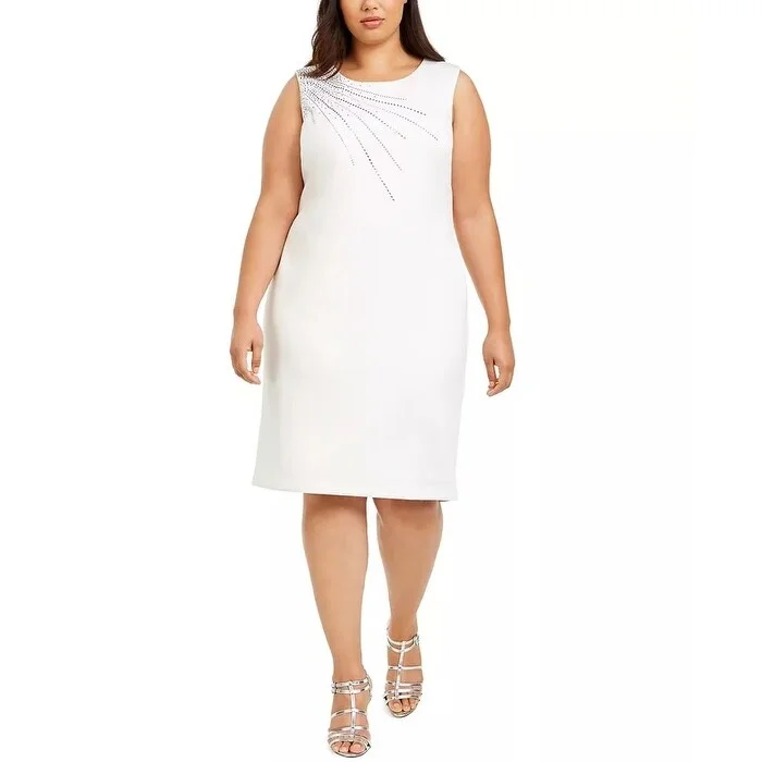 Women's Casual Dressy Dresses-Calvin Klein Women's Embellished Scuba Sheath Dress White Size PS - Petite Small