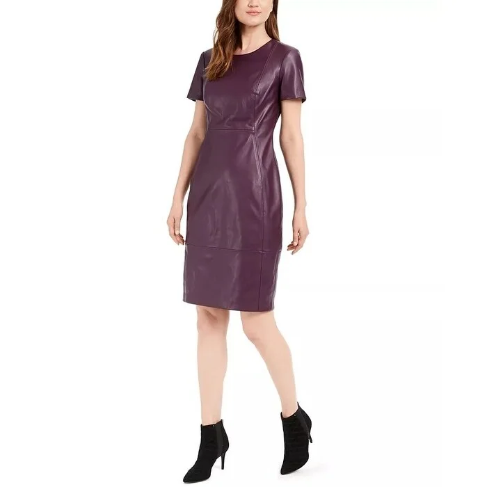 Women's Casual Concert Print Dresses-Calvin Klein Women's Faux Leather Sheath Dress Purple Size 12