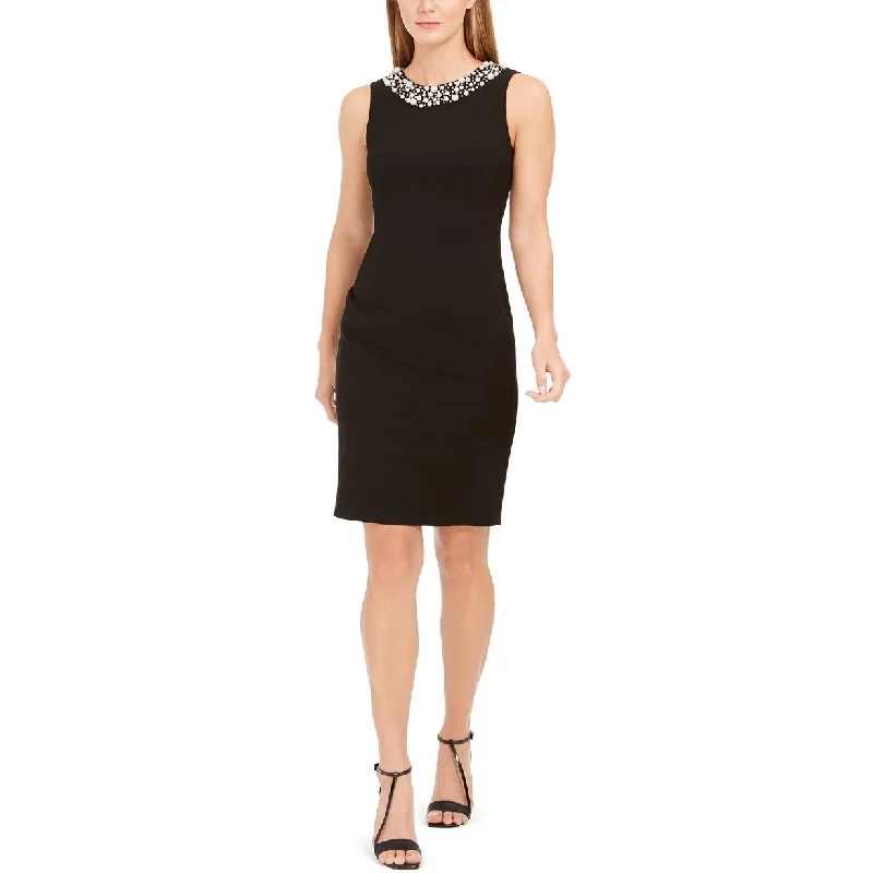 Women's Casual T-Shirt Dresses-Calvin Klein Women's Faux Pearl Trim Sheath Dress Black Size 10