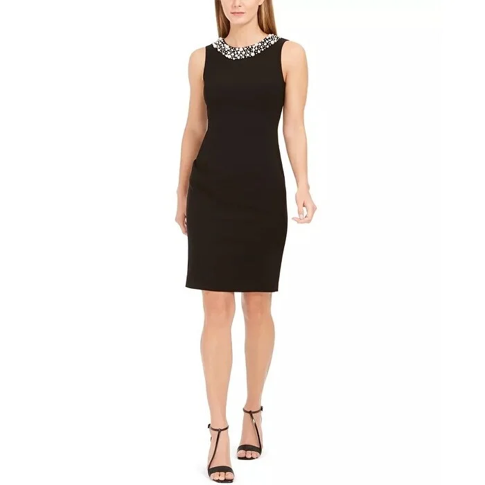 Women's Casual Babydoll Dresses-Calvin Klein Women's Faux Pearl Trim Sheath Dress Black Size 2