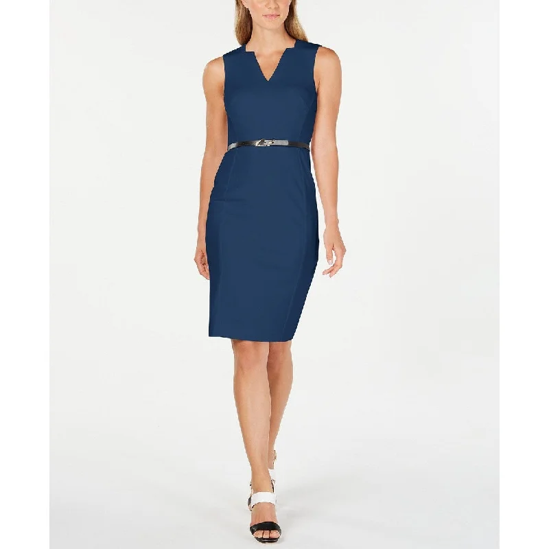 Women's Casual Swing Print Dresses-Calvin Klein Women's Petite V-Neck Belted Dress Blue Size 1