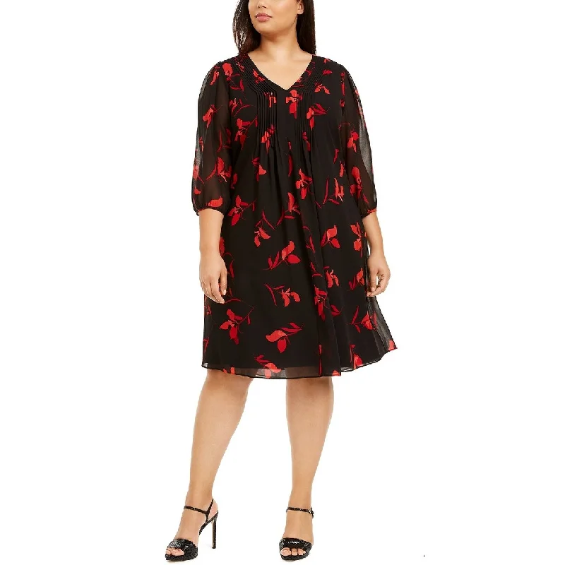 Women's Casual Comfy Dresses-Calvin Klein Women's Plus Size Red Floral Babydoll Dress Red Size 14